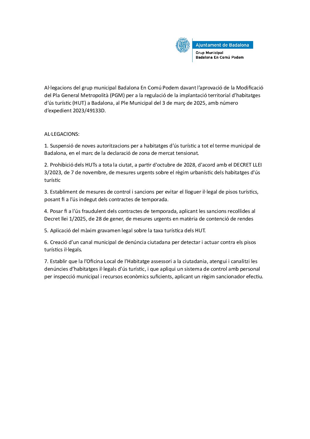 Al·legacions del grup municipal Badalona En Comú Podem davant l’aprovació de la Modificació del Pla General Metropolità (PGM) per a la regulació de la implantació territorial d’habitatges d’ús turístic (HUT) a Badalona